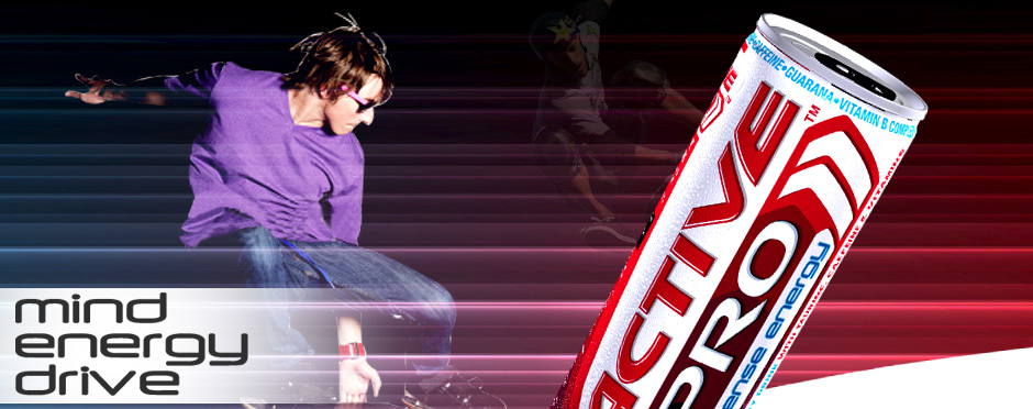 Active Pro energy drink can beside a skateboarder – mind, energy, drive